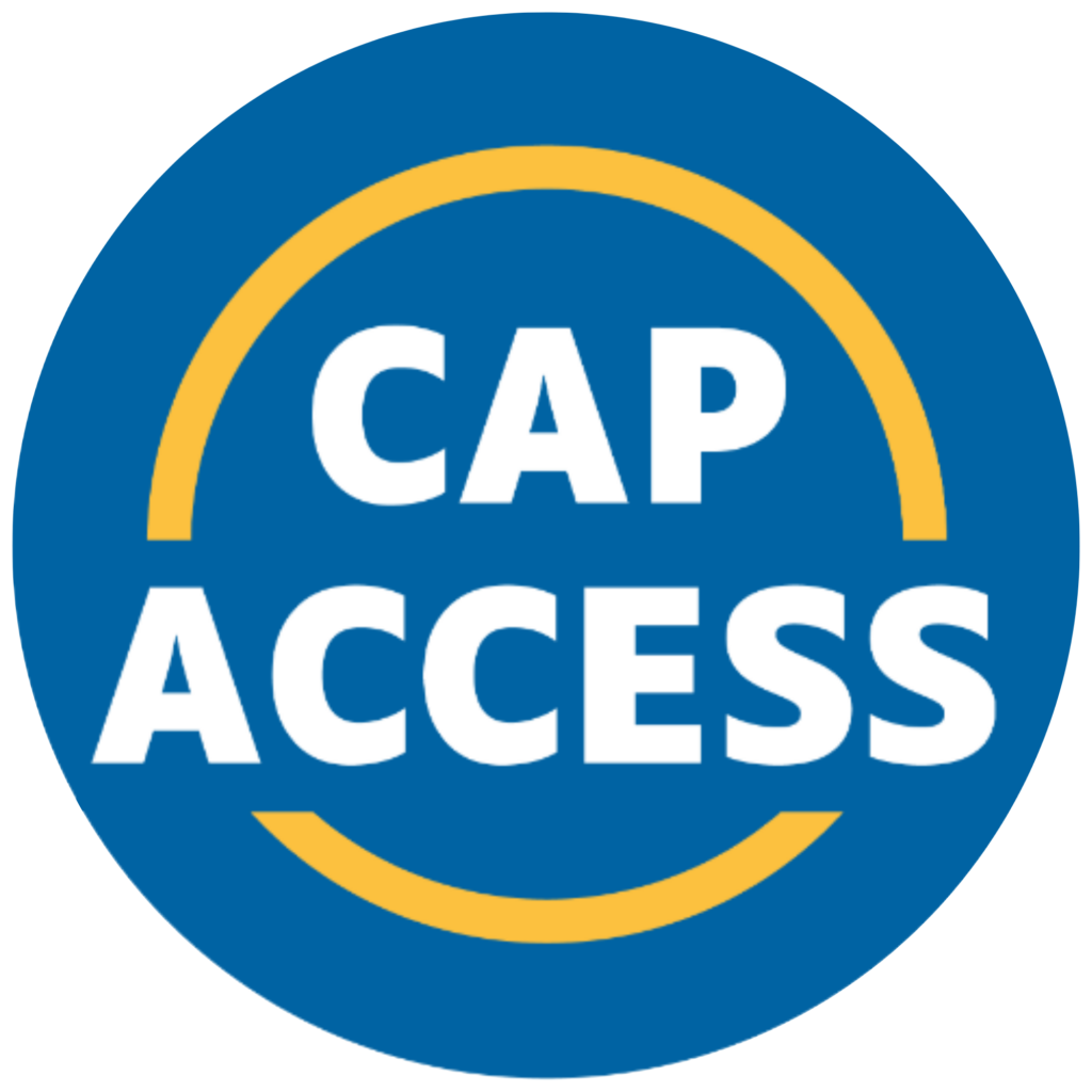 Le logo de Cap Access est un rond bleu, le nom de l'association Cap Access avec un liseré jaune